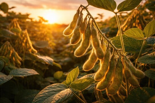 Vibrant soybean pods captured during late day glow on rural plantation