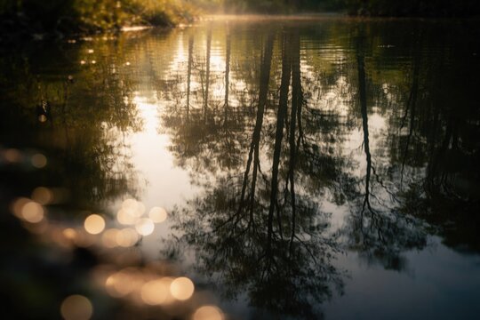 Water mirror showing tree shadow reflections with artistic blurred foreground