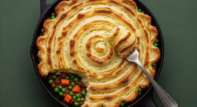Shepherds pie in a cast iron skillet with mashed potato topping