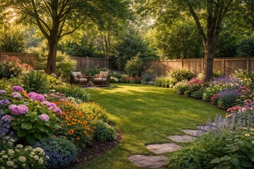 Fototapeta premium Tranquil backyard with trees and colorful flowers beside wooden boundary