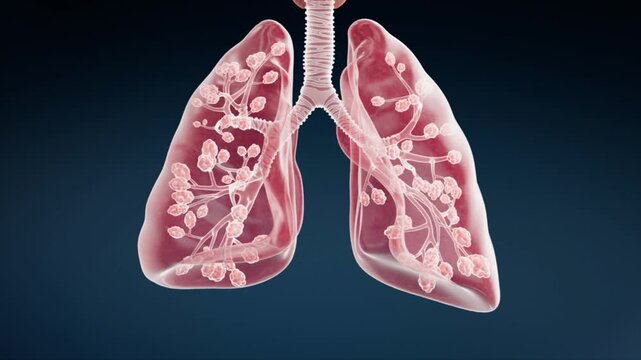 Alveoli enable breathing and oxygenation. Pneumonia recovery: sick lungs become healthy, smoker's lung disease, respiratory and bronchial system, asthma infection healing. 3D animation.