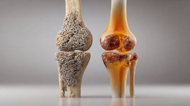 Bone Comparison: Detailed anatomical model juxtaposes healthy and osteoporotic bone structures. A visual representation that educates on bone health. 