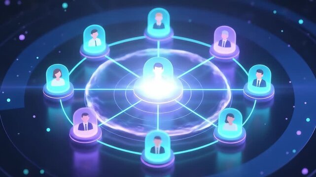 Collaboration Node Sync on Dark Background with Alignment of Data for Teamwork Systems and Flow of Connection with Pulse Animation for Startup Success Innovation ecosystem