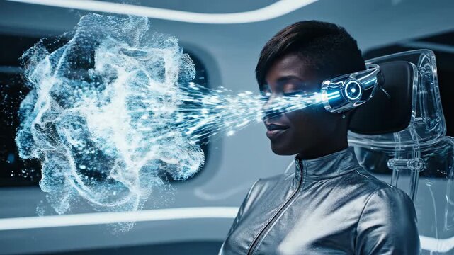 Futuristic woman interacting with brain computer interface technology