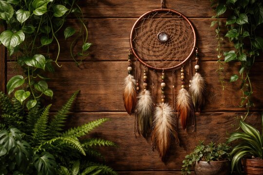 Copper dream catcher featuring lush plants against a natural wood backdrop with copy space