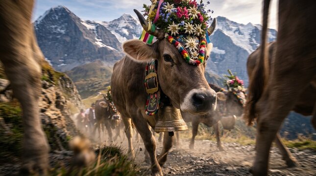 Decorated cow herd descends from Alps