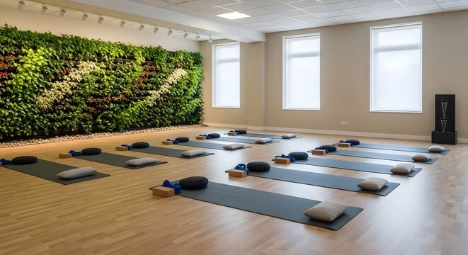 Serene Yoga and Meditation Studio Interior with Green Living Wall and Wellness Accessories
