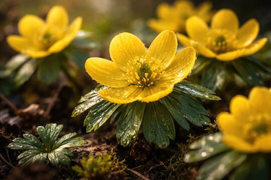 Extreme close-up of wild winter aconite flowers with natural background