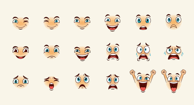 A collection of 20 cartoon faces expressing a wide range of emotions, from joy and excitement to fear and sadness.