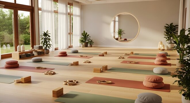 Bright and serene yoga studio interior with meditation cushions, yoga mats, and natural light streaming through large windows.