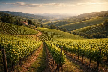 Naklejka premium Wide angle image showing large grapevine plantations on rolling hills