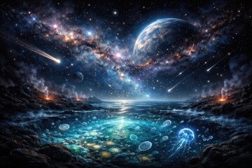 Fototapeta premium Conceptual space art showing starry universe and early life development