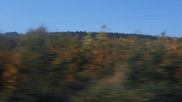 Outdoors view from moving vehicle. Passing rural landscape. Dry golden field foreground. Motion blur on utility poles, autumn bushes. Distant evergreen forest on rolling hill. Clear blue sky. Scenic t