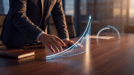 Confident businessman overseeing a large, glowing 3D bar graph indicating significant financial market growth. © DANG QUANG