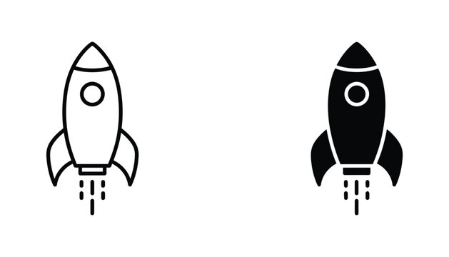 Space rocket launch icon set representing startup and technology growth in linear and solid black design