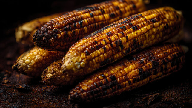Clean layout of overhead shot of grilled corn with visible char texture on dark background, dramatic lighting with copy space