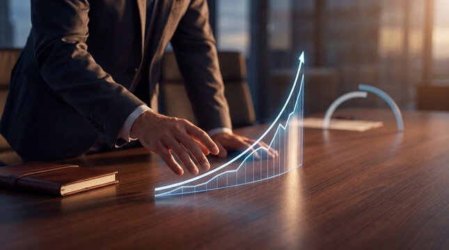 Confident businessman overseeing a large, glowing 3D bar graph indicating significant financial market growth.