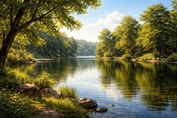 Fototapeta premium Artistic representation of a summer lake landscape with detailed tree foliage