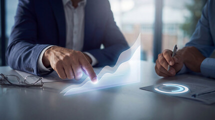 Naklejka premium Business professionals in suits analyzing a large glowing holographic three-dimensional growth chart during a corporate.