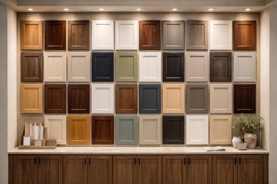 Display wall presenting wood cabinet door samples in assorted finishes for kitchen and bath design inspiration