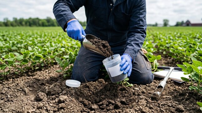 Farmer collecting soil sample for NPK testing in field with young plants. Specialist analyzing nutrient levels for precision farming and sustainable crop growth. Agriculture research activity.