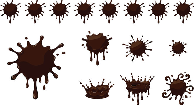 Collection of brown liquid splash illustrations with dripping patterns, crown shapes, and decorative swirls, perfect fluid motion artwork for design