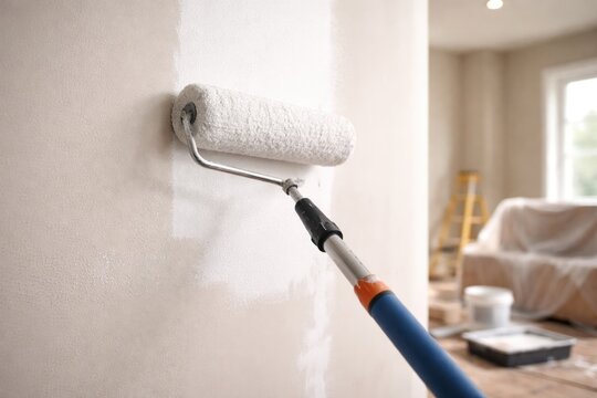 Long handled roller brush spreading primer white paint in a home renovation scene