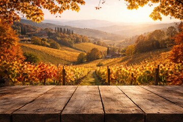 Naklejka premium Wine country fall landscape with wooden table for product showcasing