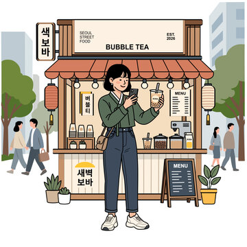 Young Woman Taking a Photo of Delicious Bubble Tea at a Lively Urban Korea Street Food Market Scene