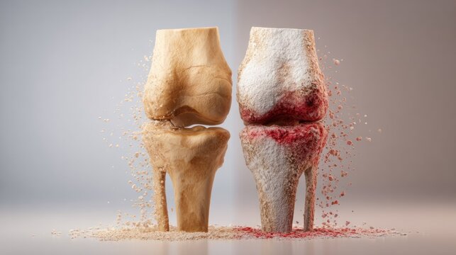 Joint Deterioration: A striking visual representation of bone health, contrasting a healthy knee joint with one showing signs of deterioration and inflammation.