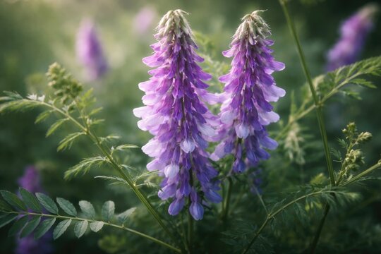 Intimate close up of hairy vetch in full bloom with muted green plants behind