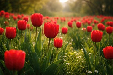 Obraz premium Red tulip blossoms in a lush green field
