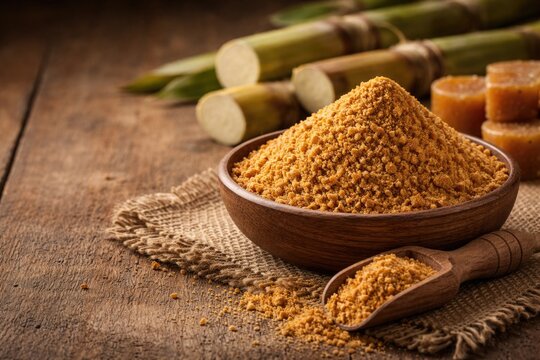 Concentrated sugarcane jaggery powder with natural copy space for text