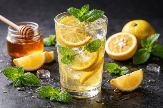 Iced yuzu lemon soda mixed with honey and fresh mint on a charcoal gray background