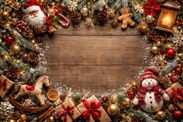 Naklejka premium Winter holiday flat lay featuring festive toys and decorations arranged for copy space in banners