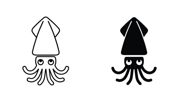 Stylized outline and solid black silhouette icons of a squid with tentacles on white background