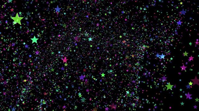 Vibrant colorful stars flying through space on a black background. Festive animated background with multicolored glowing star particles for celebratory, magic, or galactic themes