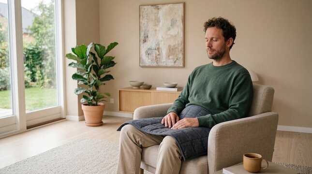 Man sitting in armchair using weighted blanket for relaxation. Calm guy resting at home in living room. Mental health stress relief and anxiety management. Cozy lifestyle and comfort.