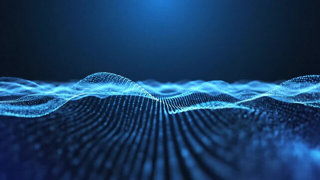 Futuristic abstract wave animation, neon blue lines moving slowly on dark background, elegant motion, minimal style, seamless loop, no text, no logo, stock video