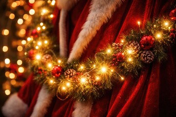 Naklejka premium Joyful Christmas scene showcasing sparkling garland lights on a rich red holiday garment