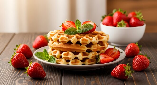 Delicious golden crispy waffles with fresh strawberries on a plate