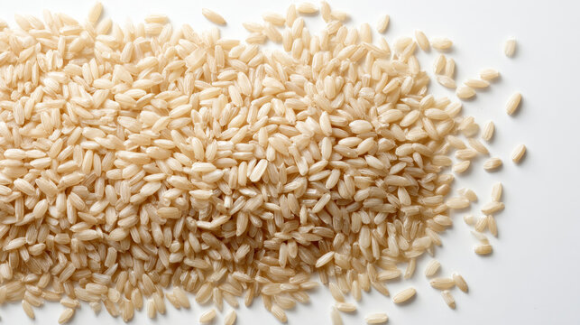Clean layout of top view of uncooked brown rice grains evenly spread on white background, clean minimal composition, soft natural lighting, subtle shadows with soft lighting