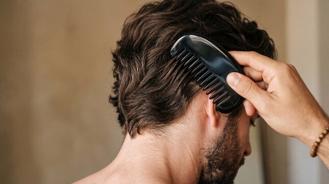 Man combing hair with a wide tooth comb. Caucasian guy grooming his wavy brown hair. Daily morning hygiene and self care routine. Beauty treatment for healthy scalp and strong hair texture.