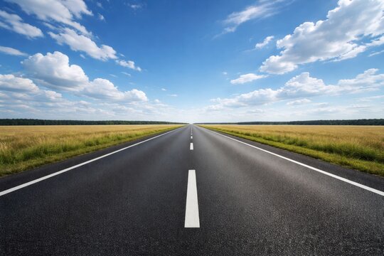 Smooth blacktop road disappearing at the horizon against a vivid blue sky with gentle clouds symbolizing travel and discovery