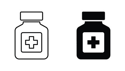 Obraz premium Medical cross symbol within a rectangle on medicine bottle icons outline and solid black silhouette