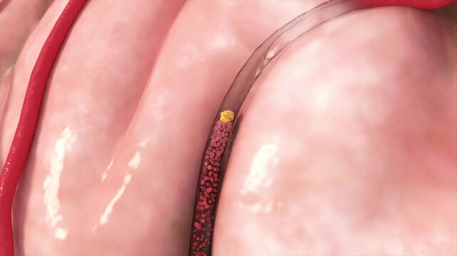 Blocked blood vessels in the brain leading to stroke. Atherosclerosis, clot formation, and reduced blood flow. 3D animation for cardiology and neurology training.