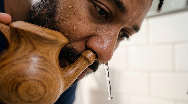 African american man using a ceramic neti pot to perform nasal irrigation. Saline solution water flowing from nostril for sinus relief. Alternative medicine practice for health care.