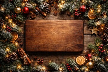 Naklejka premium Wooden cutting board surrounded by pine branches and Christmas decorations on rustic wood