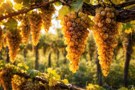 Lush golden Passito Moscato grapes developing sweetness on grapevine trellises