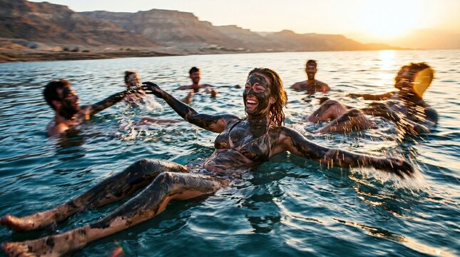 People covered in mud floating in the Dead Sea at sunset